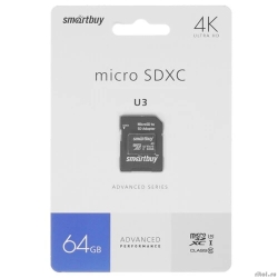Micro SecureDigital 64GB Smartbuy Advanced Class 10/U3/V30/A1; R/W up to 90/55 (� ��������� SD)  [��������: 1 ���]